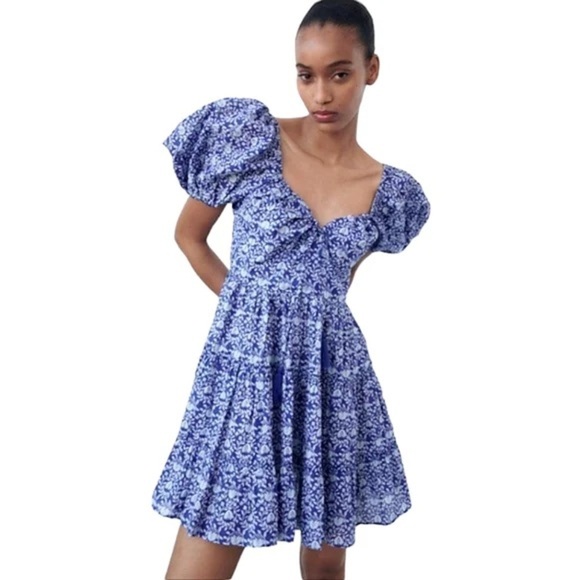 3/$30 🍂Zara Women Blue Floral A-Line Mini Dress Short Puff Sleeve Tassels Tiered - Picture 1 of 10